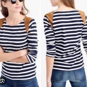 J. Crew Navy& White Striped Long Sleeve Preppy Suede Shoulder Patches Top Sz S